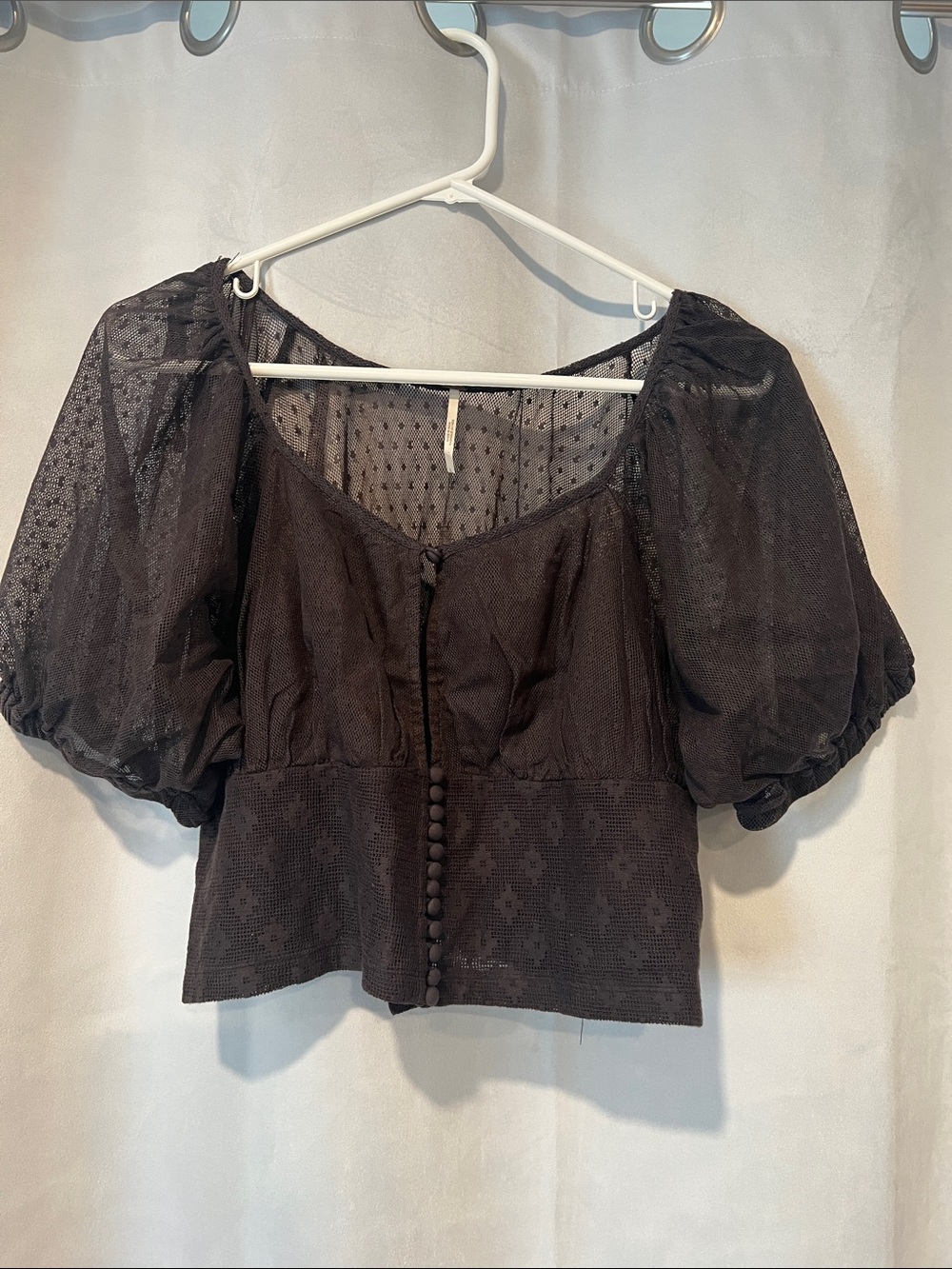Free People Brown Puff Sleeve Button-Front Crop Top